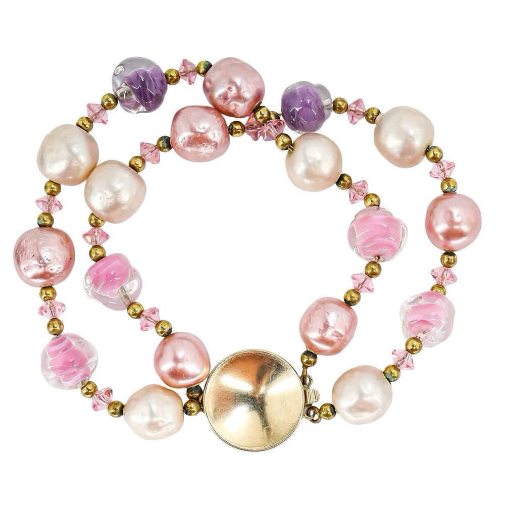 Vintage Mid Century Romantic Faux Pearl Bracelet Pink Lampwork Art Glass Beaded